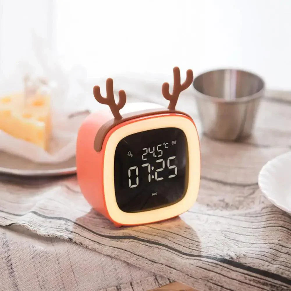 Cartoon Bunny LED Alarm Clock with Night Light Rechargeable Digital Bedside Clock