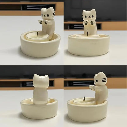 Ceramiczny świecznik w kształcie kota z ręcznie wykonanym wykończeniem