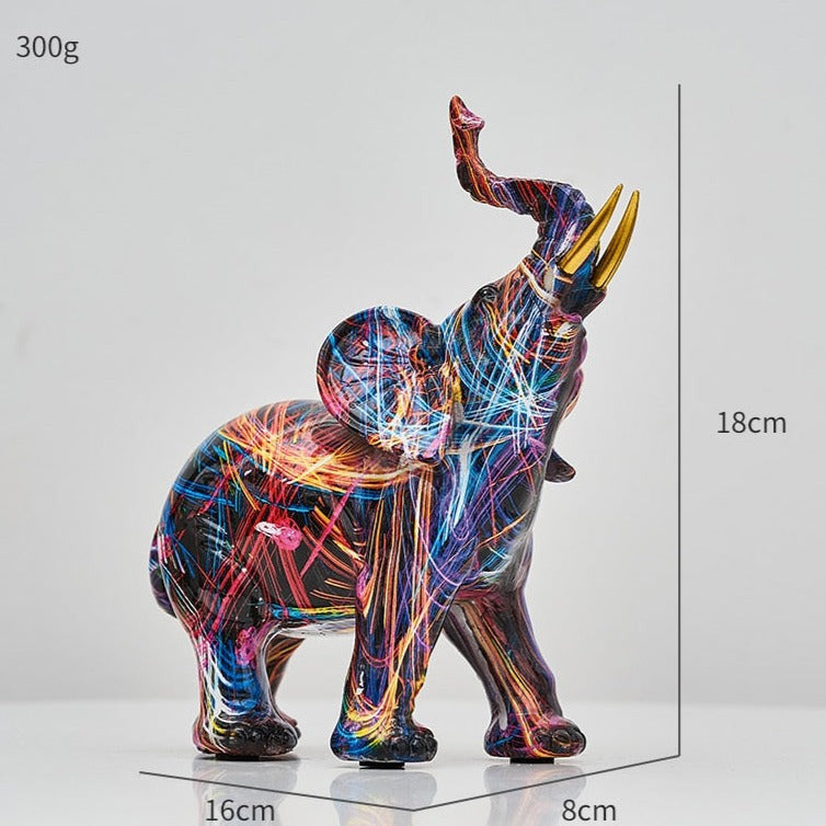 Farbenfrohe Elefantenfigur aus Kunstharz mit nordisch und graffitiinspirierten Designs