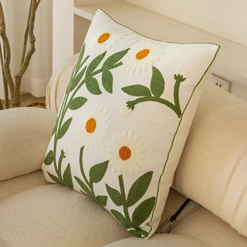 Cotton Cushion Cover with Embroidered Floral Details