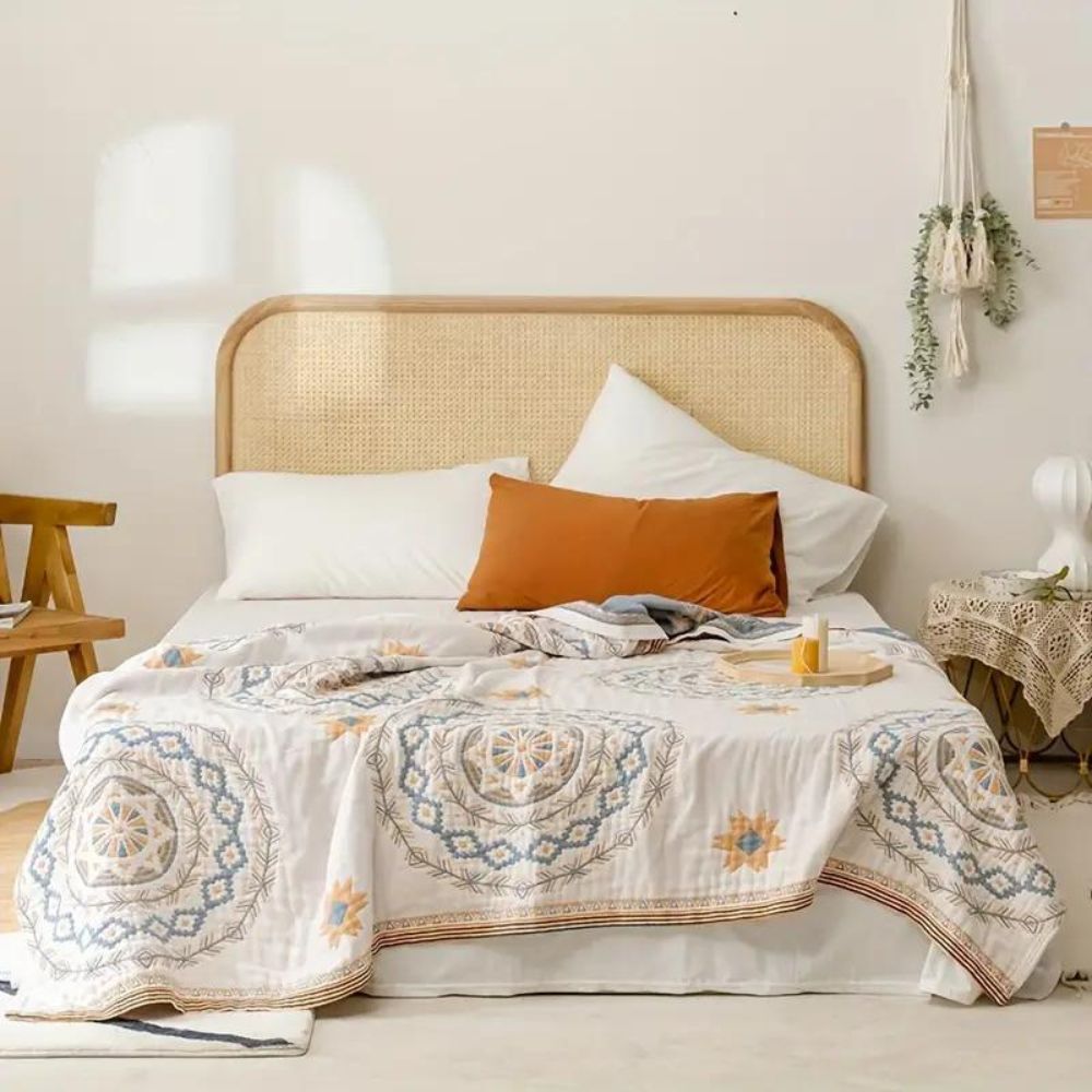 Cotton Throw Blanket with Bohemian Mandala Design