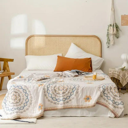 Cotton Throw Blanket with Bohemian Mandala Design