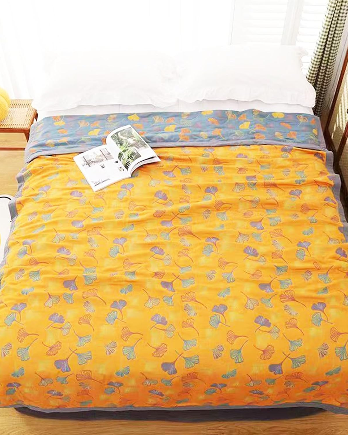 Katoenen plaid met reliëfbladpatroon en omkeerbaar ontwerp