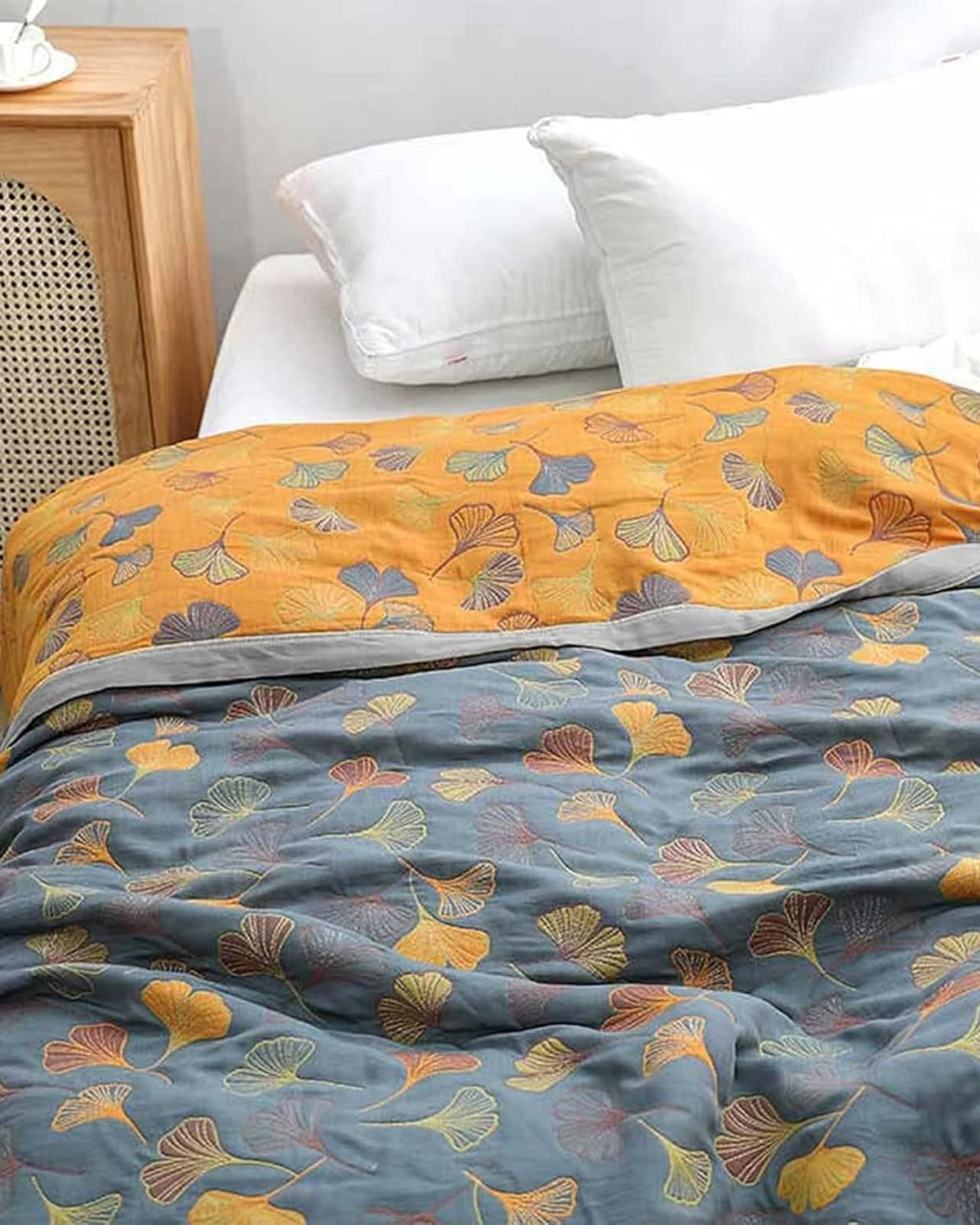 Katoenen plaid met reliëfbladpatroon en omkeerbaar ontwerp