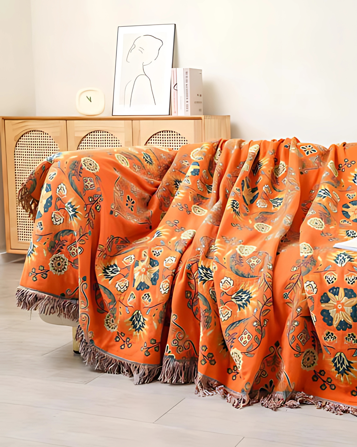 Bomuldstæppe i varm morgenfruefarve med vendbart boheme-design