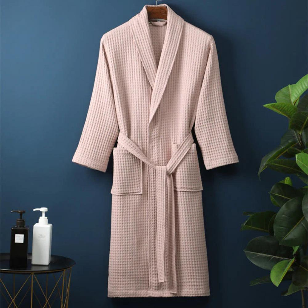 Baumwoll-Waffelpiqué-Bademantel mit elegantem V-Ausschnitt und verstellbarem Gürtel