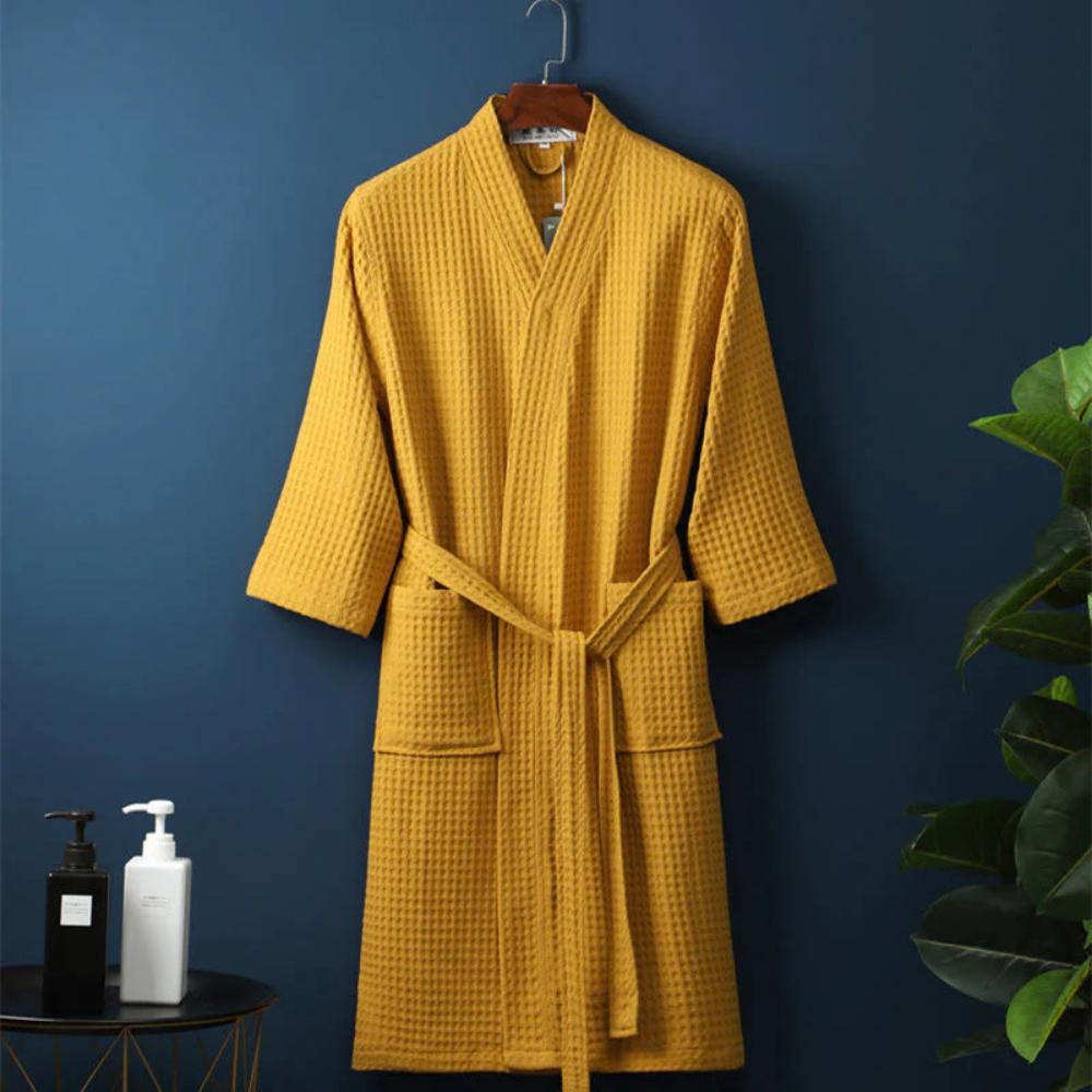 Baumwoll-Waffelpiqué-Bademantel mit elegantem V-Ausschnitt und verstellbarem Gürtel
