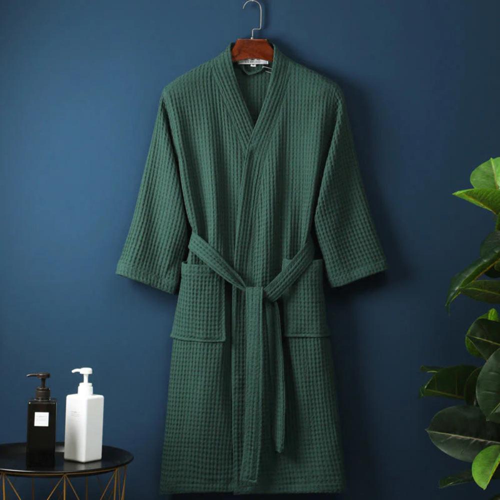 Baumwoll-Waffelpiqué-Bademantel mit elegantem V-Ausschnitt und verstellbarem Gürtel