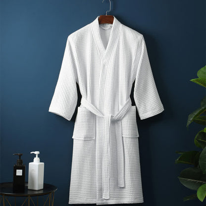 Baumwoll-Waffelpiqué-Bademantel mit elegantem V-Ausschnitt und verstellbarem Gürtel
