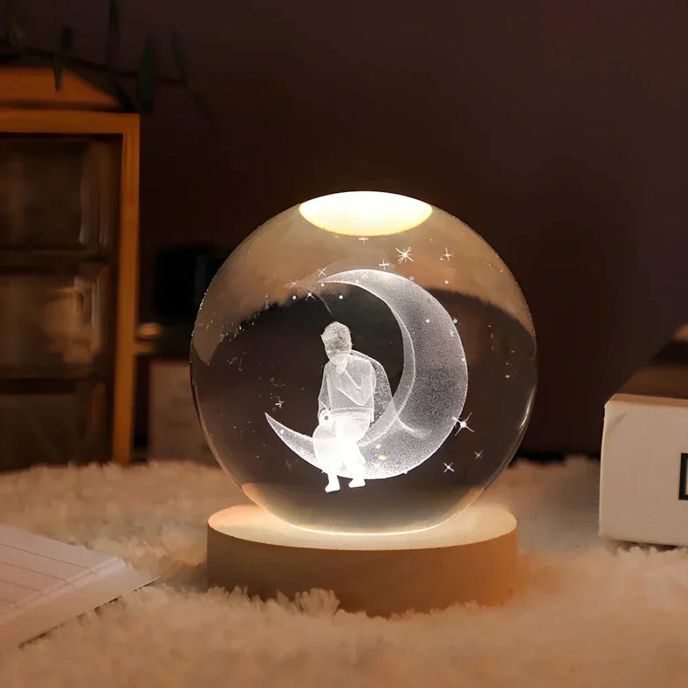 Krystalkugle med indgraveret 3D-planet LED-natlampe USB-bordlampe