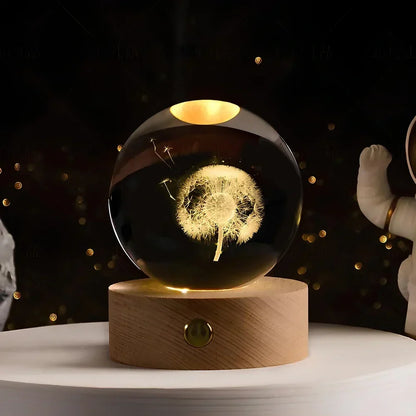 Krystalkugle med indgraveret 3D-planet LED-natlampe USB-bordlampe