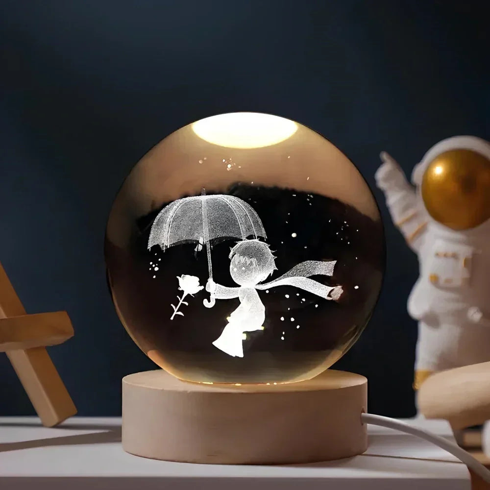 Krystalkugle med indgraveret 3D-planet LED-natlampe USB-bordlampe