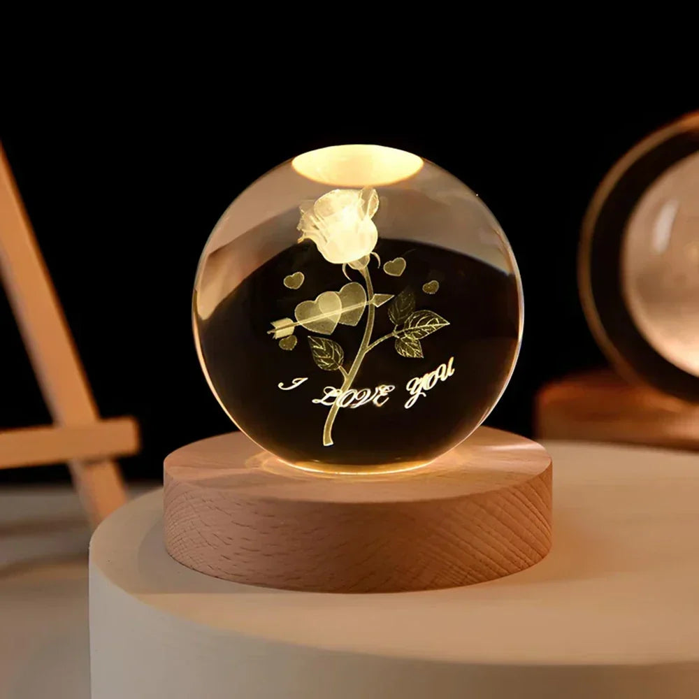 Krystalkugle med indgraveret 3D-planet LED-natlampe USB-bordlampe