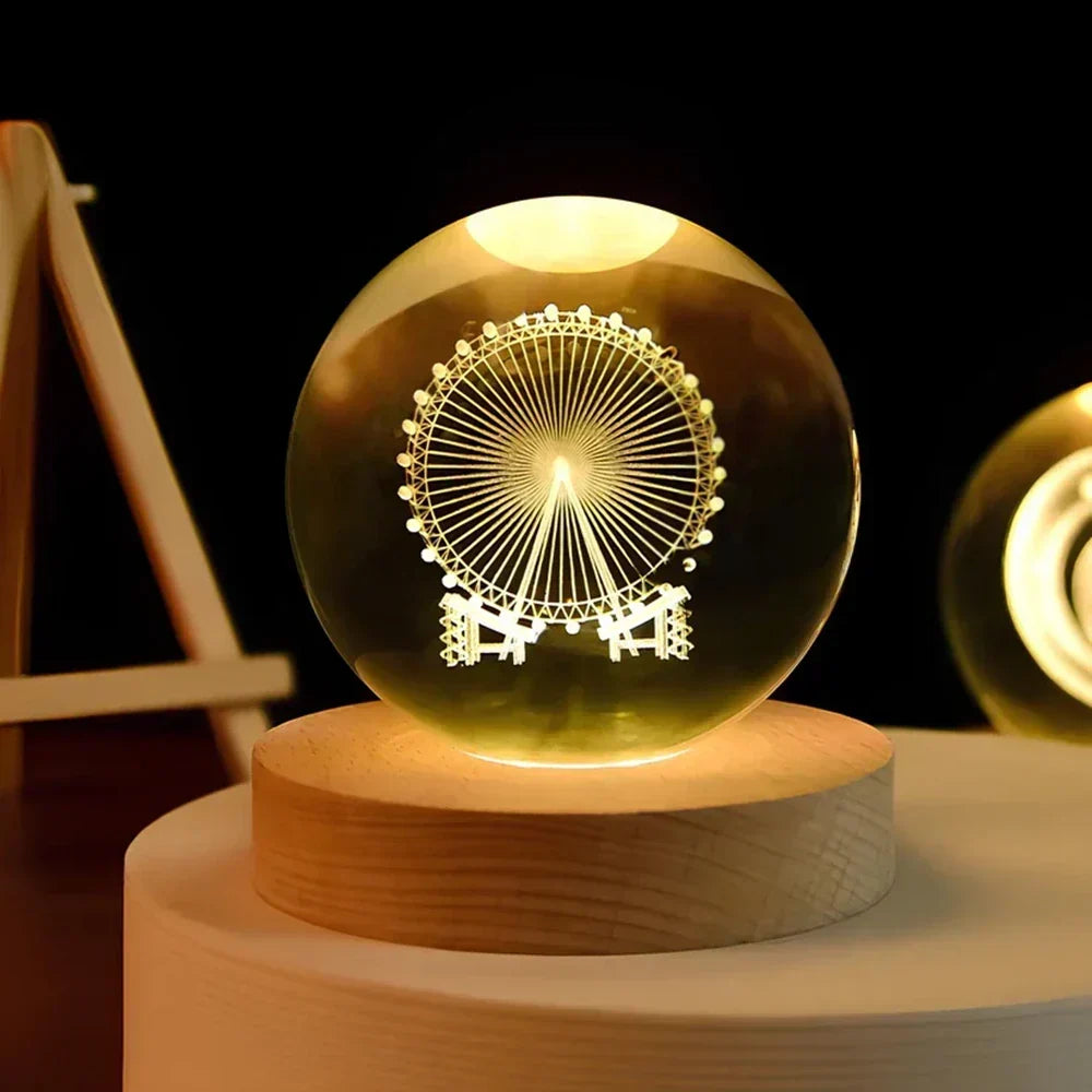 Krystalkugle med indgraveret 3D-planet LED-natlampe USB-bordlampe
