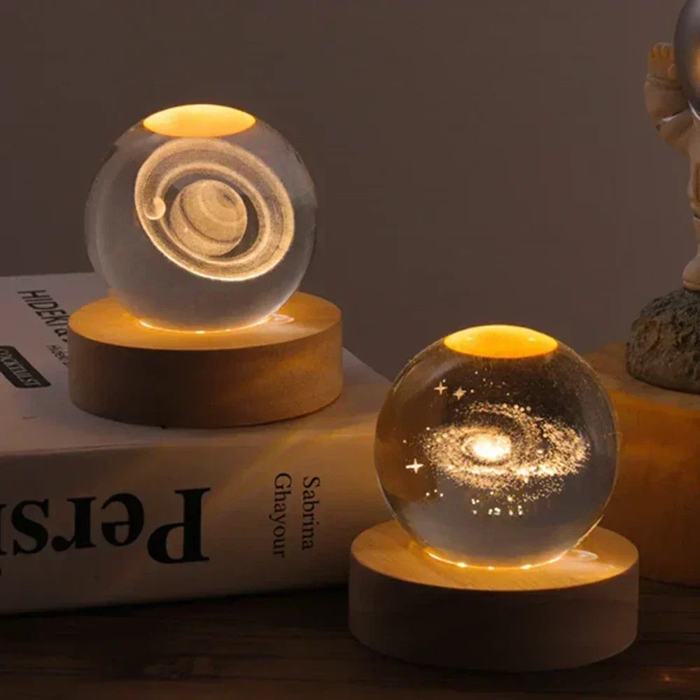 Krystalkugle med indgraveret 3D-planet LED-natlampe USB-bordlampe