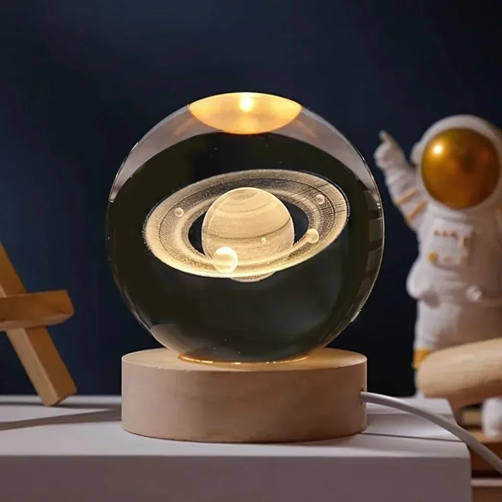 Krystalkugle med indgraveret 3D-planet LED-natlampe USB-bordlampe