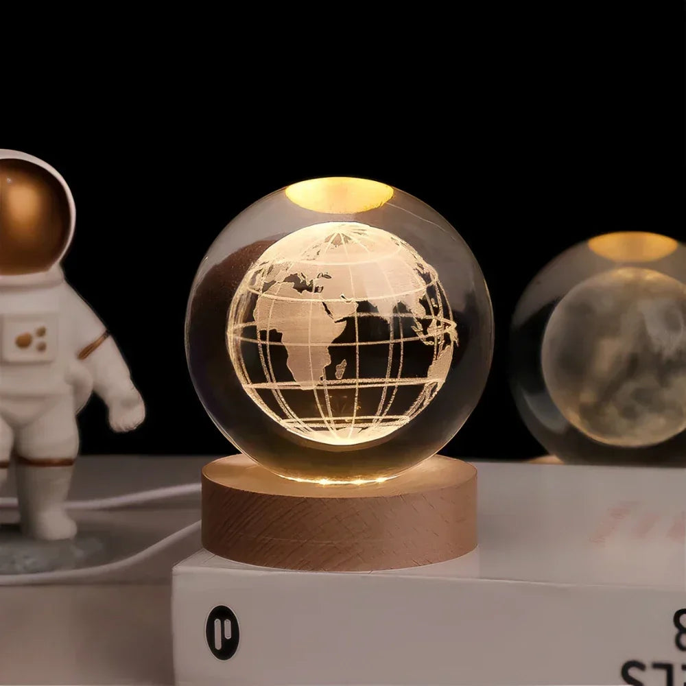 Krystalkugle med indgraveret 3D-planet LED-natlampe USB-bordlampe