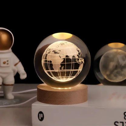 Krystalkugle med indgraveret 3D-planet LED-natlampe USB-bordlampe