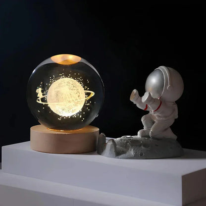Krystalkugle med indgraveret 3D-planet LED-natlampe USB-bordlampe