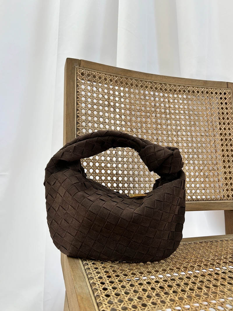 Elsa Mini Suede Bag Woven Knot Handbag with Gold Accents