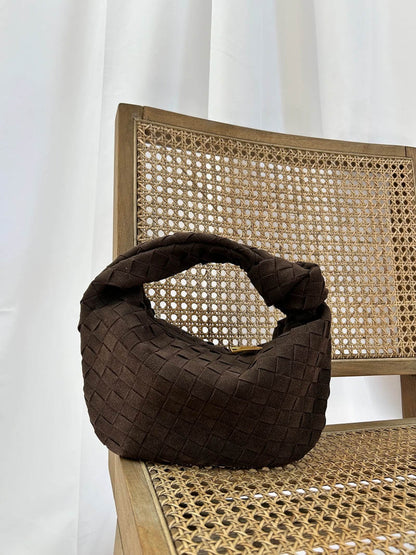Elsa Mini Suede Bag Woven Knot Handbag with Gold Accents