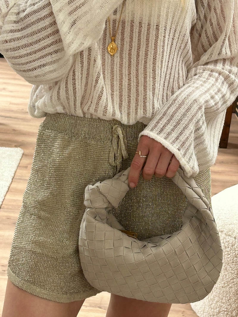 Elsa Mini Suede Bag Woven Knot Handbag with Gold Accents
