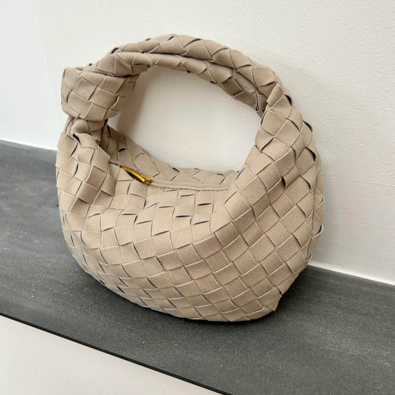 Elsa Mini Suede Bag Woven Knot Handbag with Gold Accents