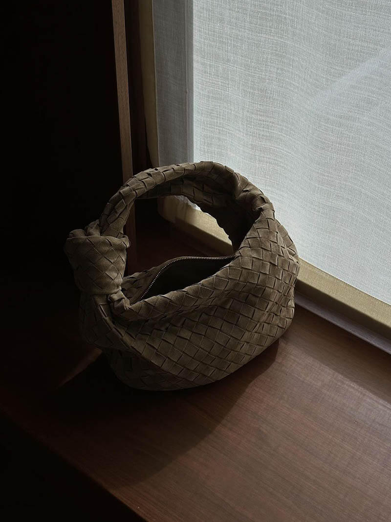 Elsa Mini Suede Bag Woven Knot Handbag with Gold Accents