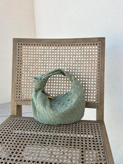 Elsa Mini Suede Bag Woven Knot Handbag with Gold Accents