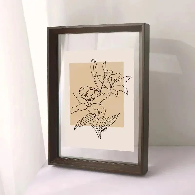 Svævende billedramme i træ med glas på begge sider til kunst og plakater