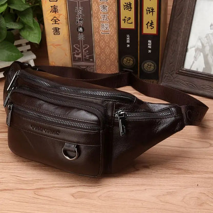 Genuine Cowhide Leather Waist Bag for Men Large Capacity Travel Crossbody Bag