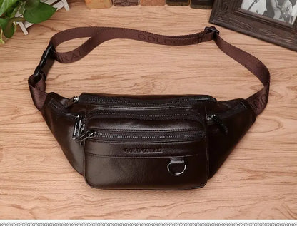 Genuine Cowhide Leather Waist Bag for Men Large Capacity Travel Crossbody Bag