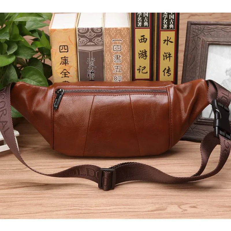 Genuine Cowhide Leather Waist Bag for Men Large Capacity Travel Crossbody Bag