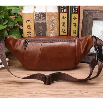 Genuine Cowhide Leather Waist Bag for Men Large Capacity Travel Crossbody Bag