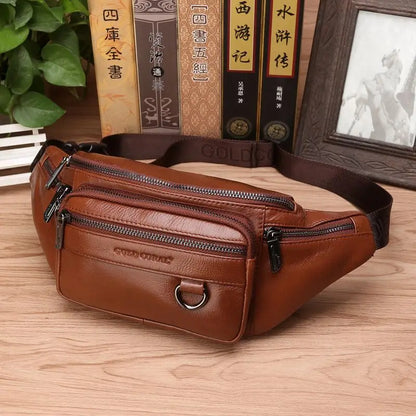 Genuine Cowhide Leather Waist Bag for Men Large Capacity Travel Crossbody Bag