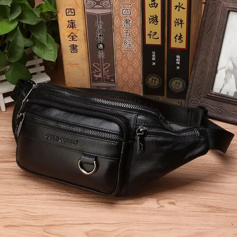 Genuine Cowhide Leather Waist Bag for Men Large Capacity Travel Crossbody Bag