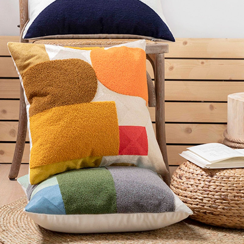 Geometric Flocked Jacquard Cushion Cover with Linen Cotton Blend
