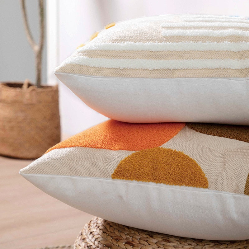 Geometric Flocked Jacquard Cushion Cover with Linen Cotton Blend