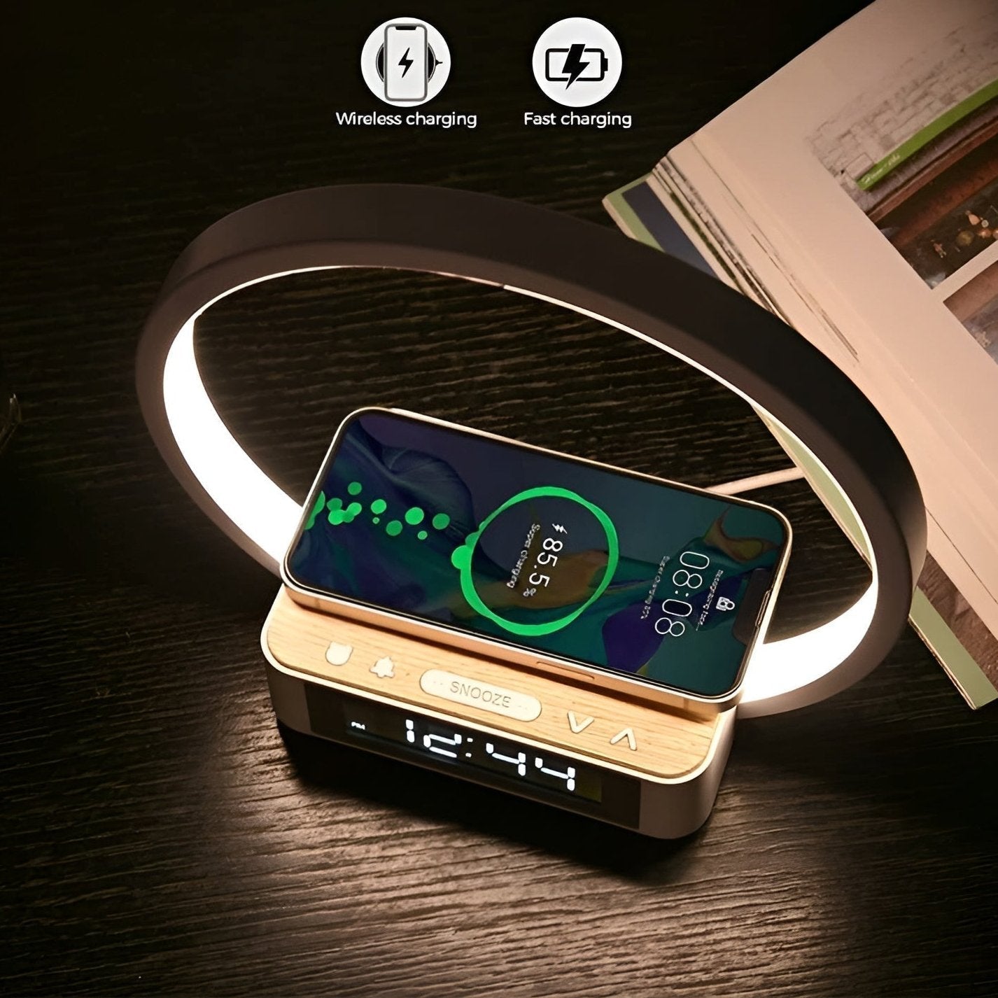 GlowMax 3 i 1 LED bordlampe med trådløs oplader, vækkeur og touchkontrol