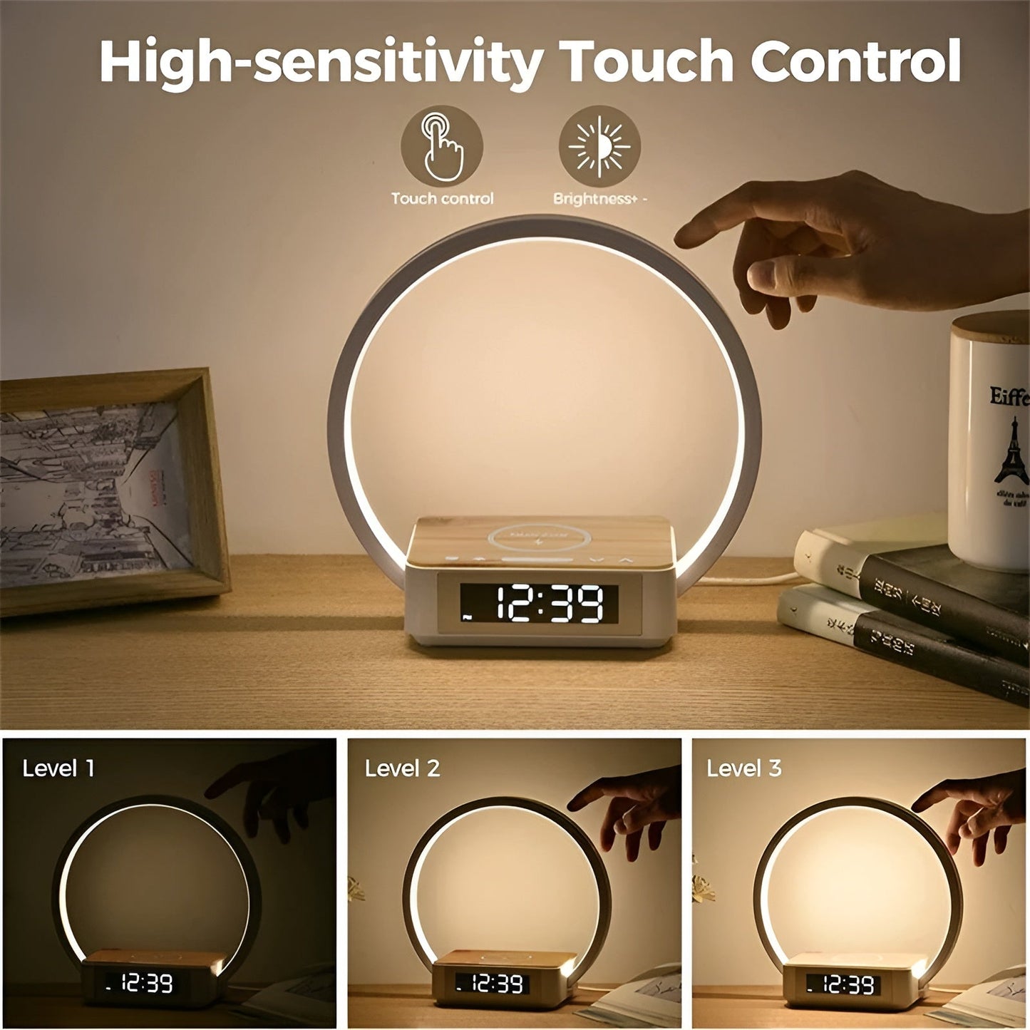 GlowMax 3 i 1 LED bordlampe med trådløs oplader, vækkeur og touchkontrol