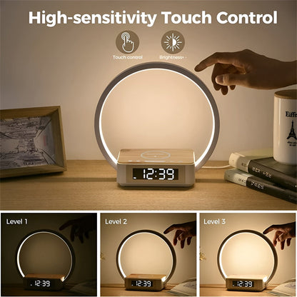 GlowMax 3 i 1 LED bordlampe med trådløs oplader, vækkeur og touchkontrol