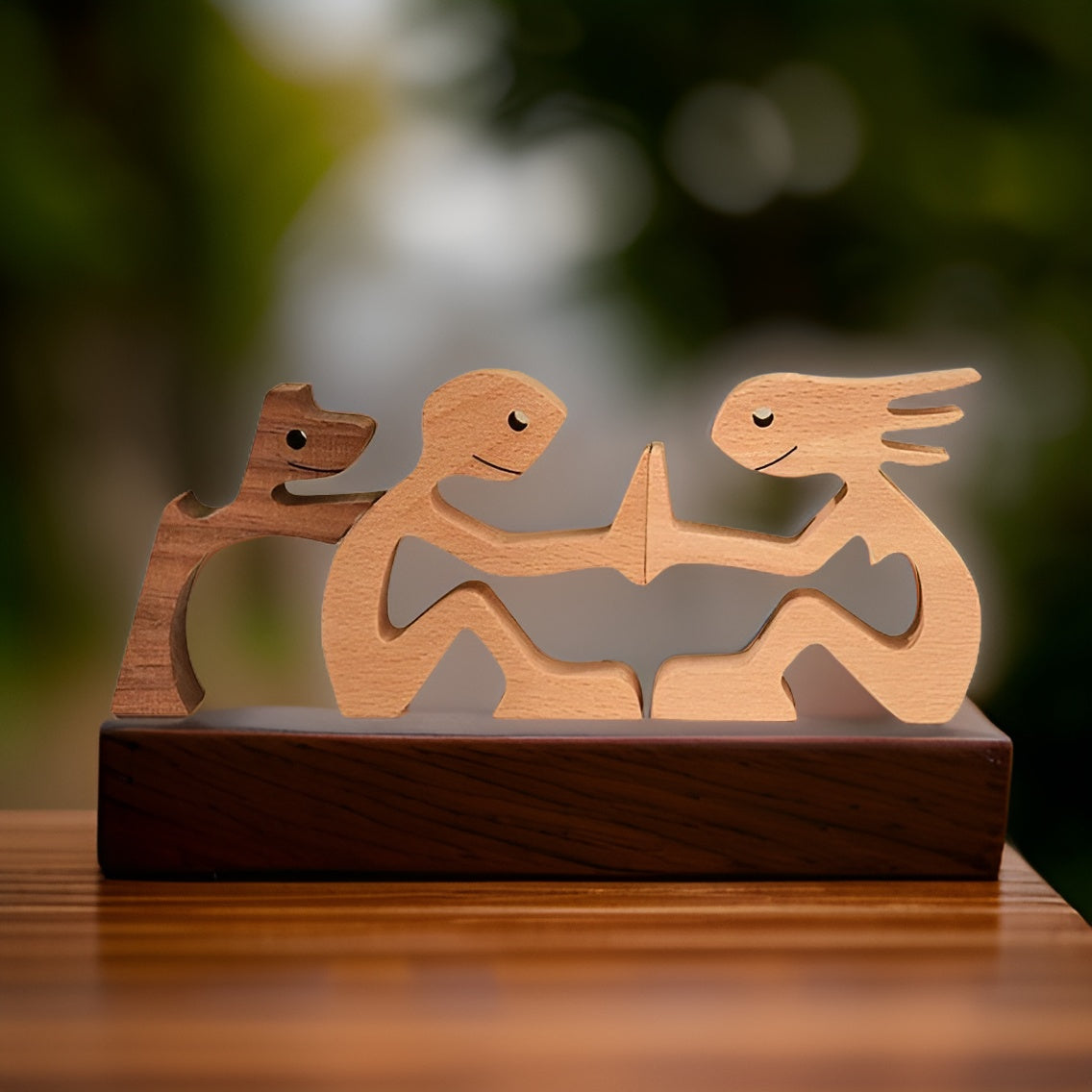 Handgefertigte Skulptur aus Massivholz mit Mensch und Hund in emotionalem Design