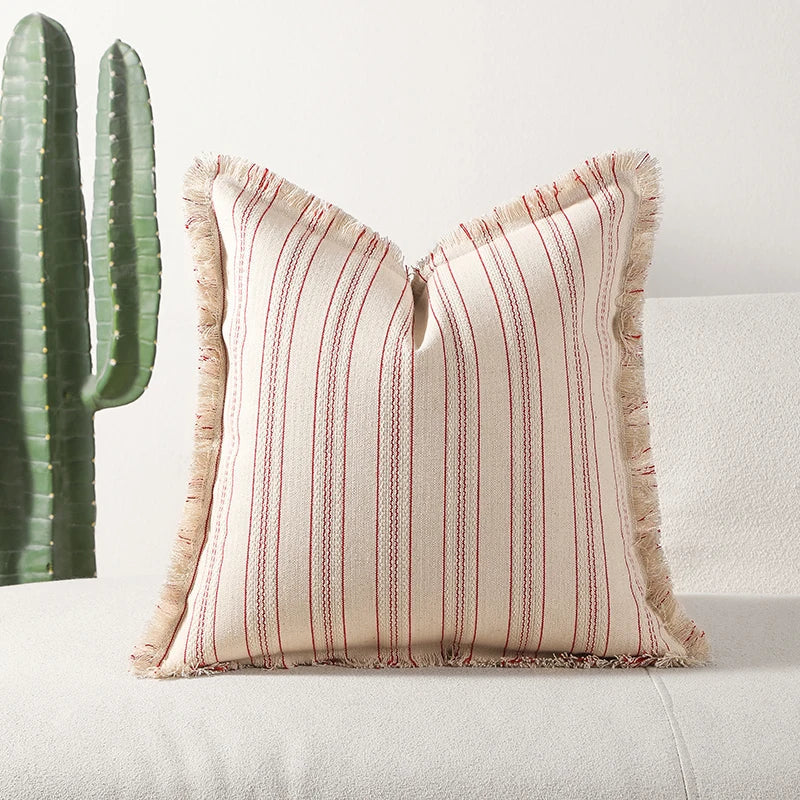 Jacquard Striped Cushion Cover with Fringe Detail