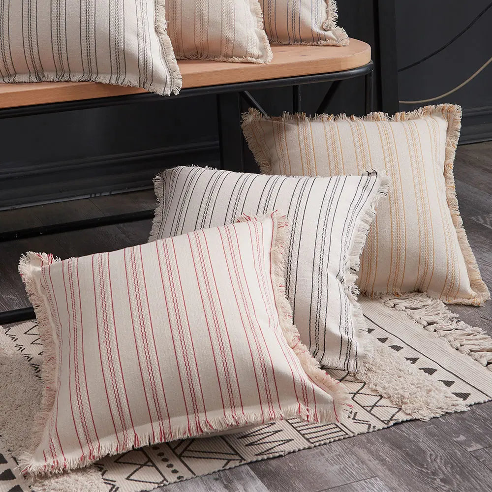 Jacquard Striped Cushion Cover with Fringe Detail