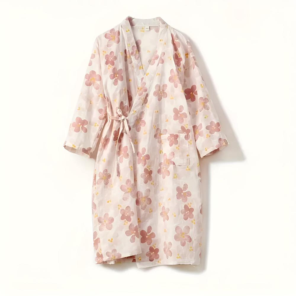 Katoenen badjas met Japanse inspiratie, verstelbare tailleband en bloemendesign