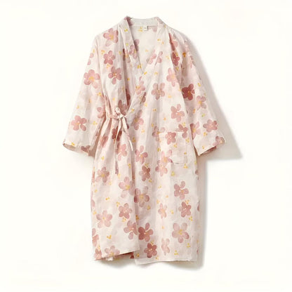 Katoenen badjas met Japanse inspiratie, verstelbare tailleband en bloemendesign
