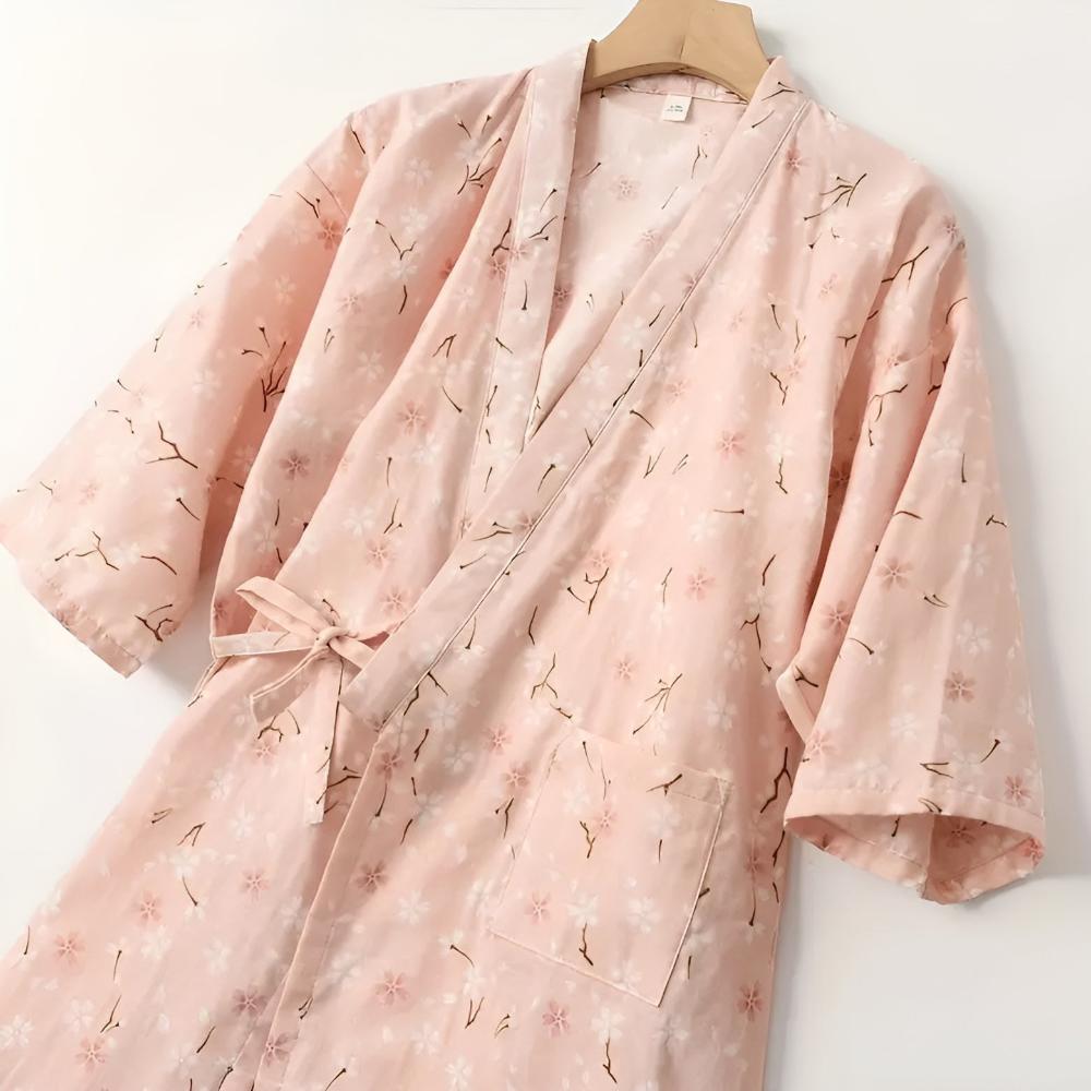 Katoenen badjas met Japanse inspiratie, verstelbare tailleband en bloemendesign