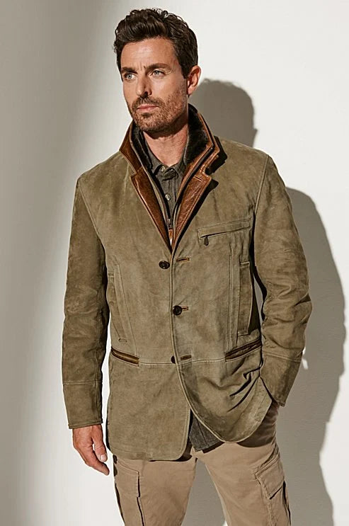 Joachim vintage heren suède jas met leren accenten slim fit casual buitenkleding