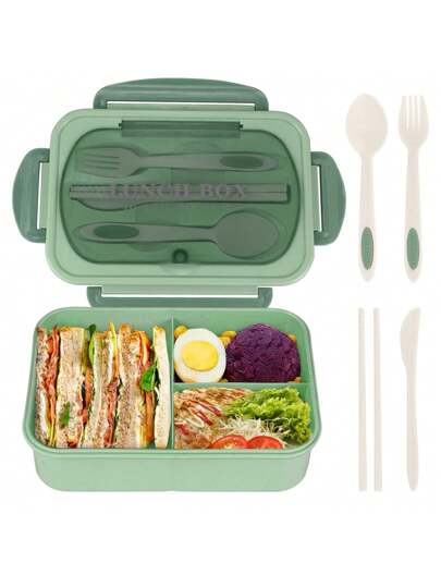 Lekvrije 1200ml Volwassen Bento Lunchbox met Bestek en 3 Compartimenten