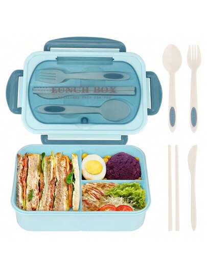 Lekvrije 1200ml Volwassen Bento Lunchbox met Bestek en 3 Compartimenten